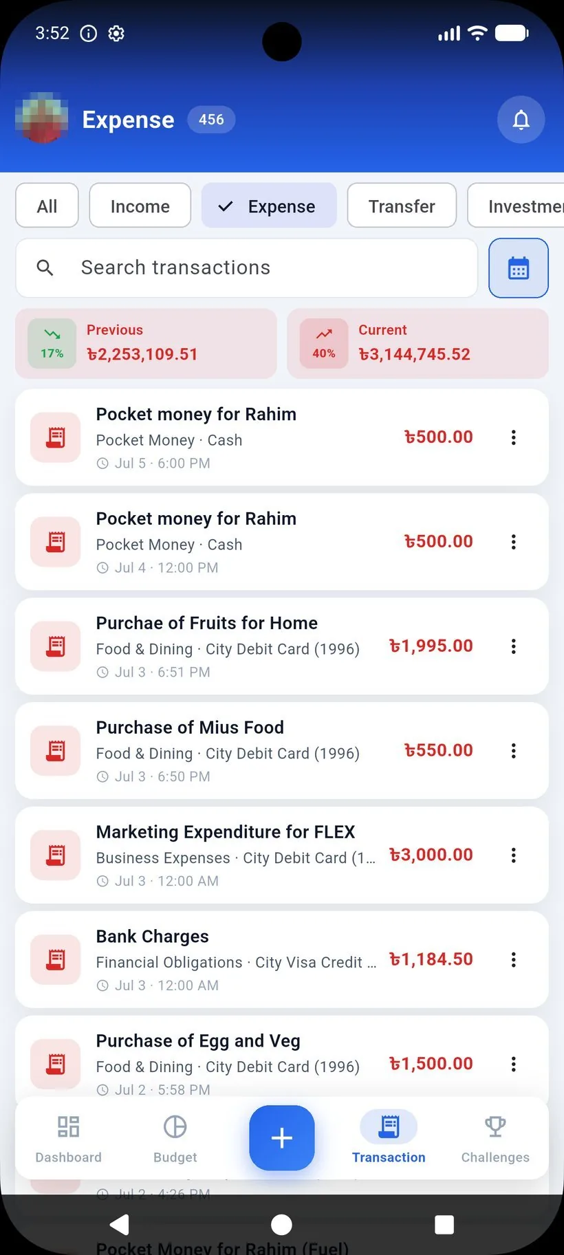 FinTrackHub mobile app — transactions screen