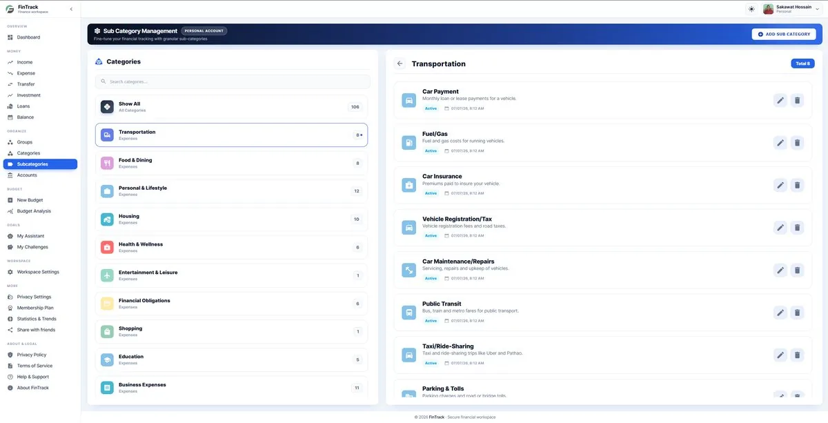 FinTrackHub — Organise with categories & subcategories